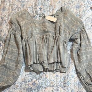 By Together Light Blue Peasant Blouse Lace Trim Medium NWT